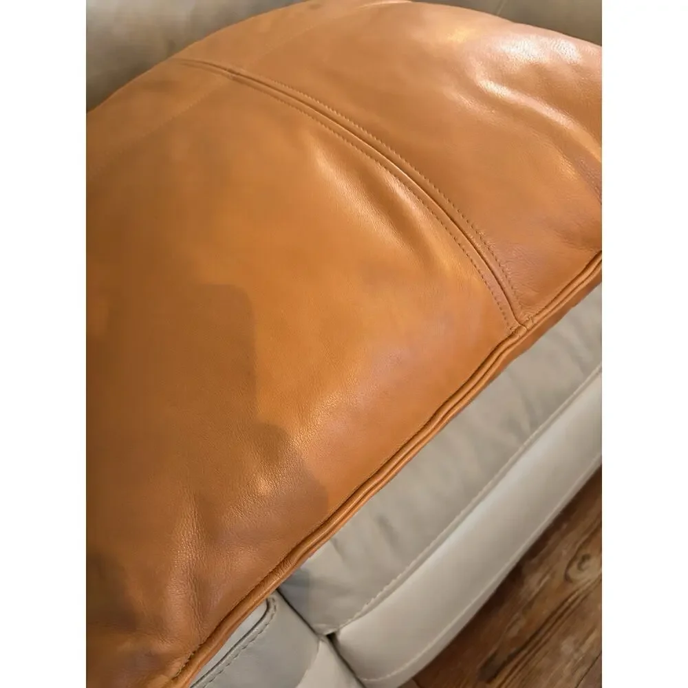 24” Cognac Genuine Leather Throw Pillow Modern Boho Luxe Couch Decor Insert